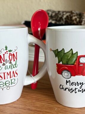 White Ceramic Holiday Mug with Red Truck and Red Spoon